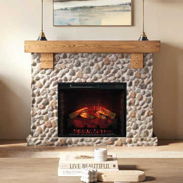 Glenbrook Fireplace Mantel Package, 28", Alexa/WiFi Enabled Fireplace Insert, Cast Stone River Rock Surround, 1500W