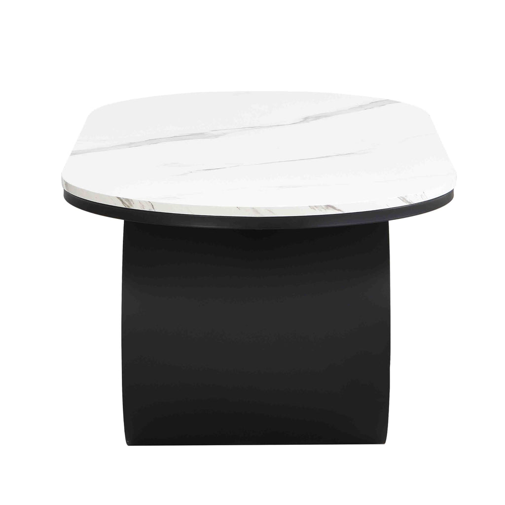 Faux Marble Oval Coffee Table with Storage Drawer Pedestal Base