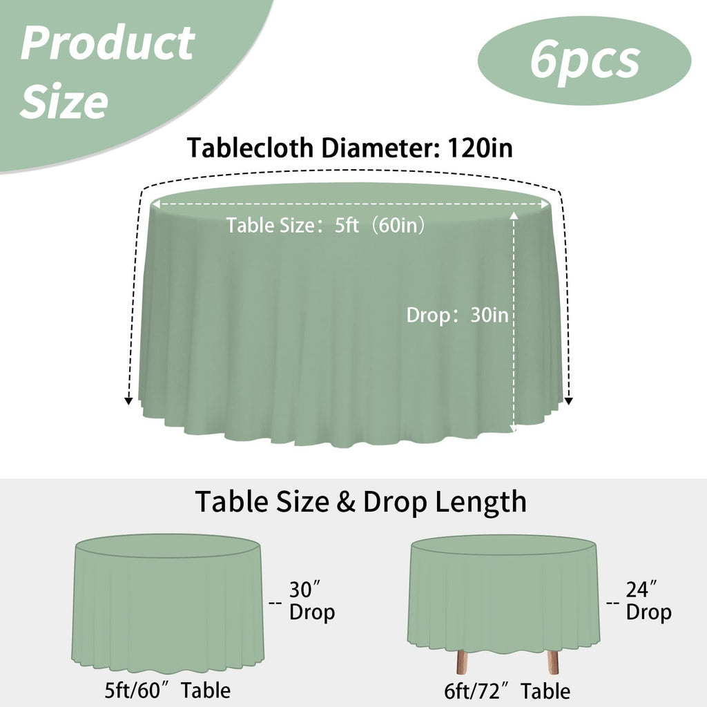 6 Pack 120 Inch Tablecloths Round Sage Green Table Cover