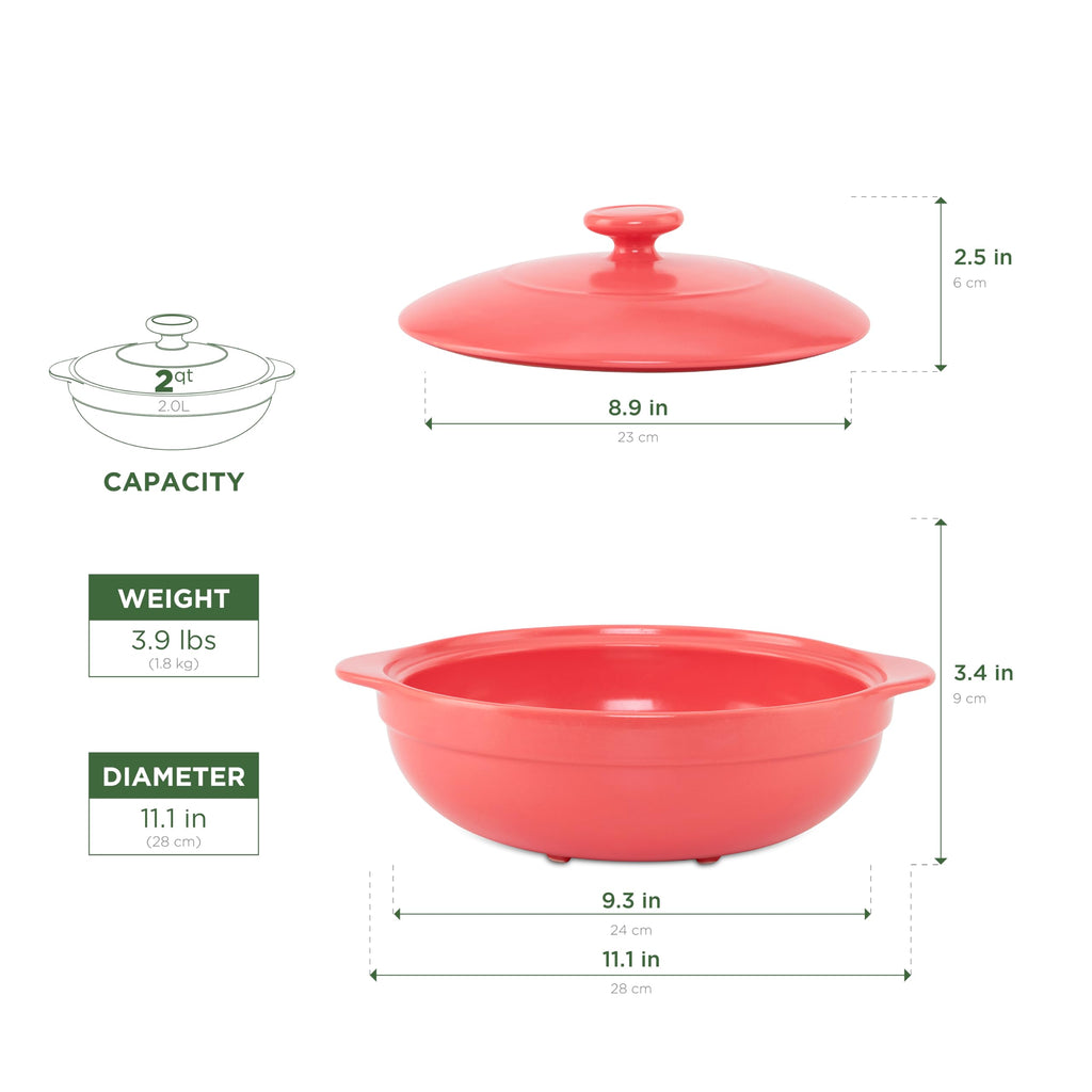 2-Qt Porcelain Dutch Oven with Lid - Lead & Cadmium Free, Oven Safe to 482°F, Heat Retention, Clay Pot for Cooking on