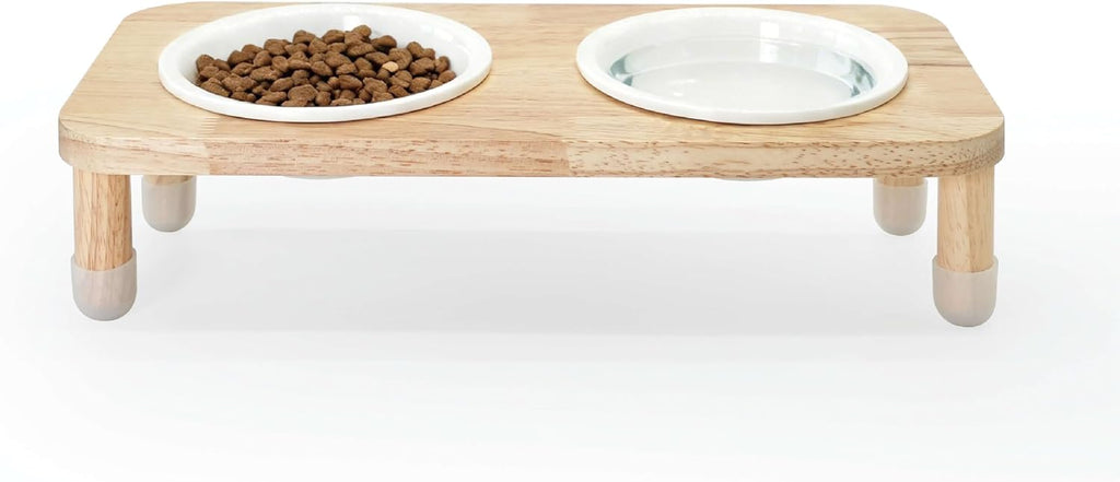 11.8 oz Elevated Ceramic Double Cat Bowl Set - Modern Lead-Free Feeder with Natural Oak Wood Stand (Oak Stand & 2