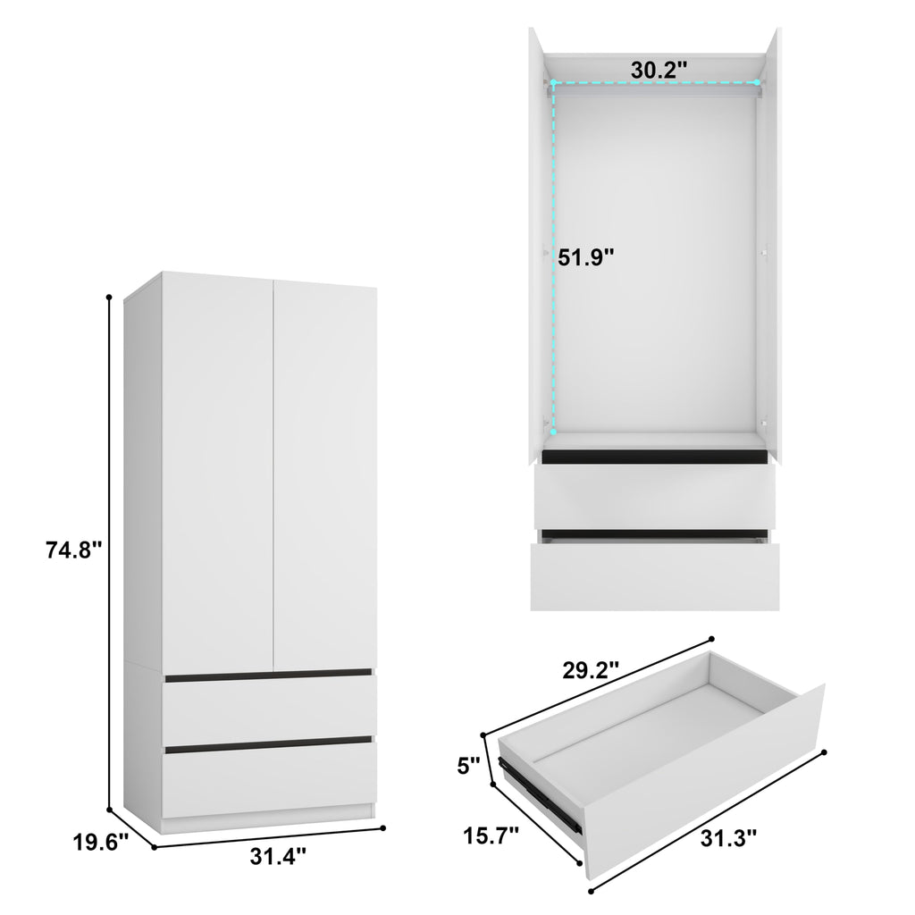 White Armoire Wardrobe Closet with 8 Drawers: 75" H x 126" W