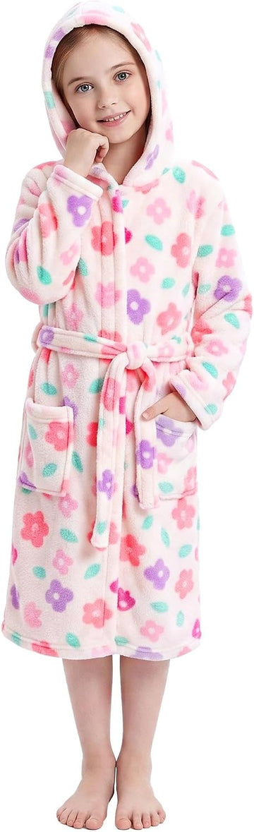 Girls Fleece Robe Hooded, Soft Plush Kids Bathrobe