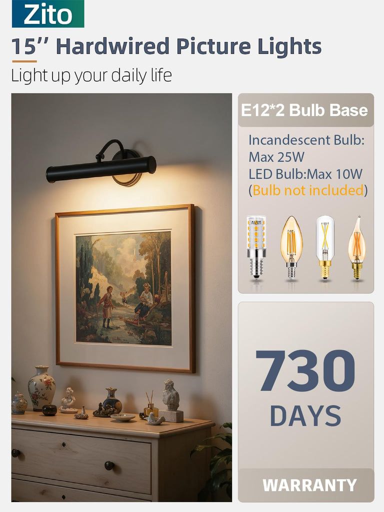 Hardwired Picture Lights for Wall, Black Vintage Lights for Picture on wall,E12 Base,2-Light Gallery Art Lighting