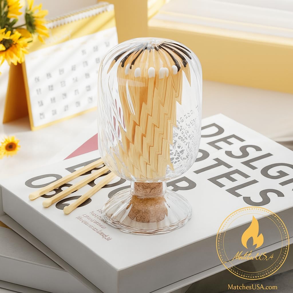 Includes Matches! | Helix Spiral Shaped Glass Matches Cloche | Spiral Decorative Match Holder Jar for Candles Set