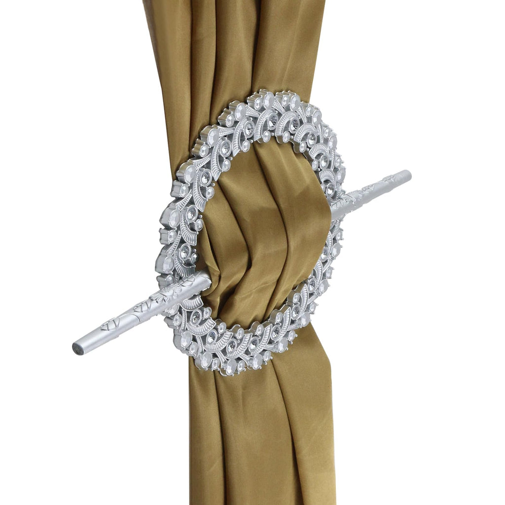 Silver Curtain Tiebacks Round Drapery Holdbacks, 20 Crystals - 2 Pack