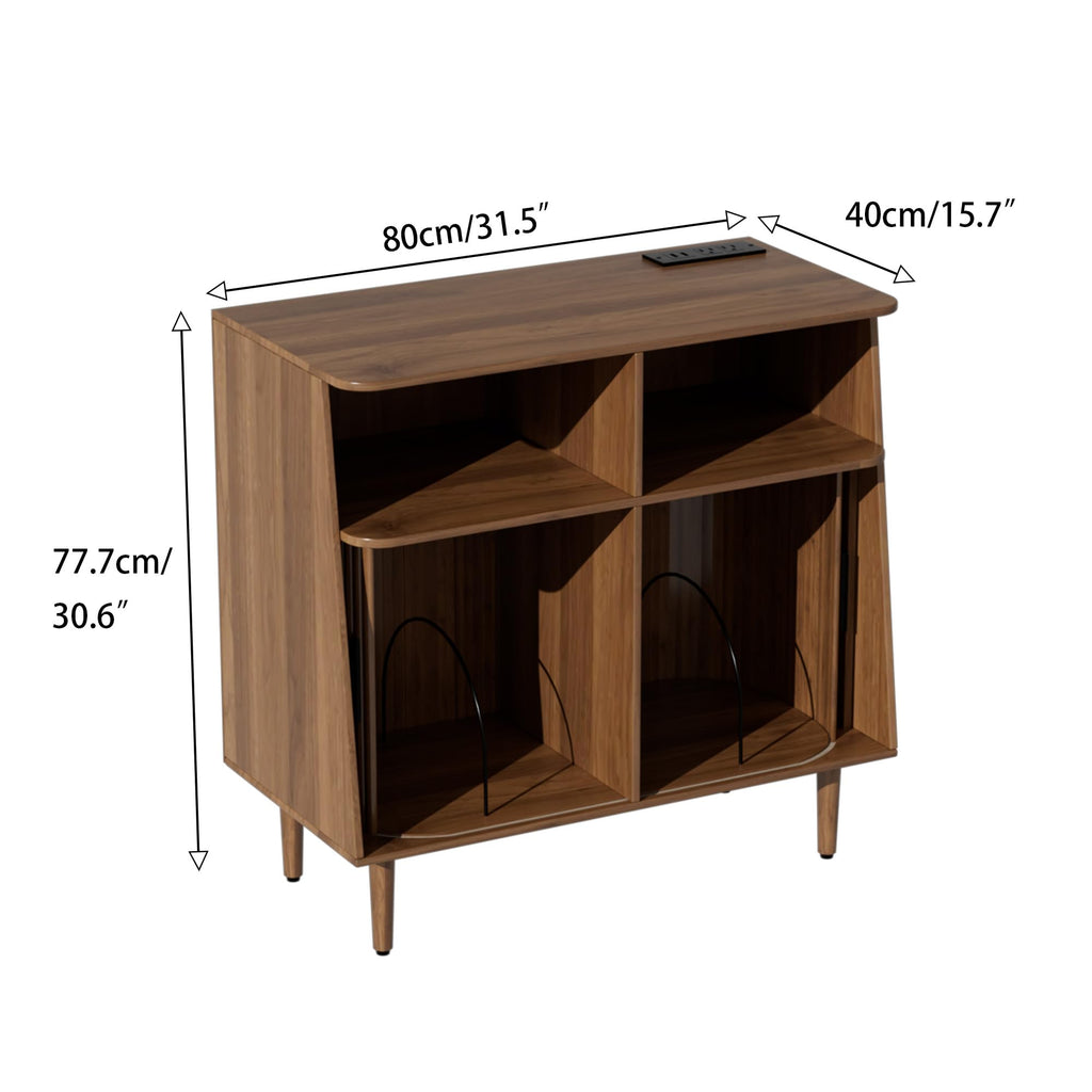 Record Player Stand with Vinyl Storage, Mid Century Modern Vinyl Storage Cabinet with Power Outlet and Sliding Doors