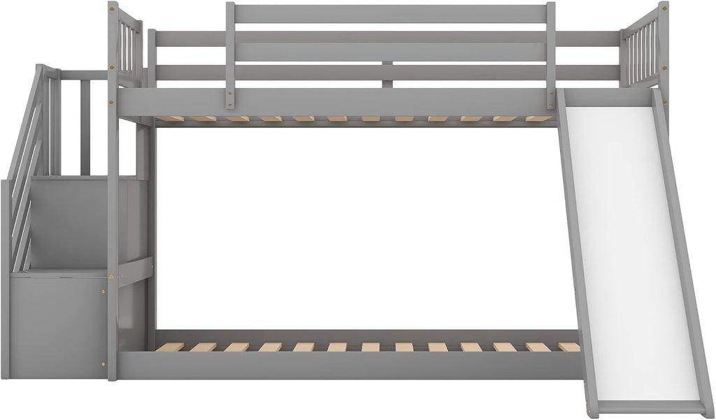 Twin Over Twin Bunk Bed with Slide and for Storage Staircase for Teens, Boys or Girls, No Box Sping Needed