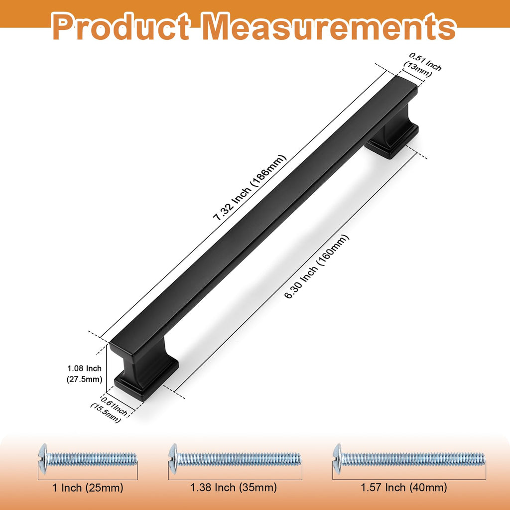 30 Pack Matte Black Kitchen Cabinet Pulls 6.3 Inch (160mm) Hole Centers Cabinet Pulls for Cabinets Cupboard Handles