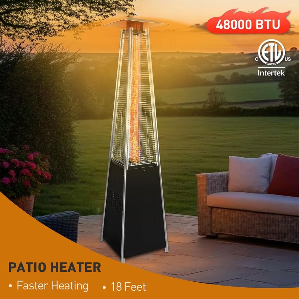 Patio Heater, 48,000 BTU Pyramid Propane Outdoor Heater with Glass Tube Flame, Wheels & Protective Cover, One-Touch