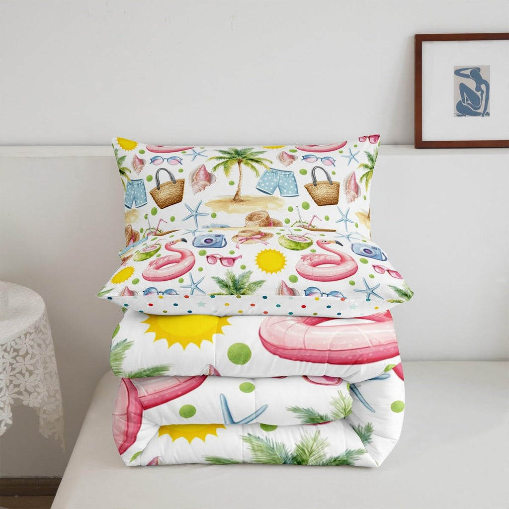 Hawaii Tropical Comforter Set, Summer Beach Palm Tree Coconut Starfish Coastal Bedding Set 3 Pcs for
