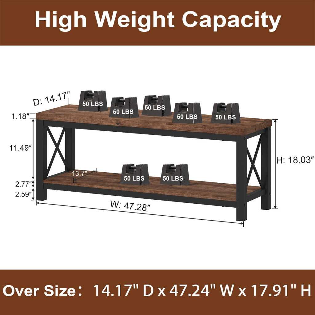 Entryway Bench with Storage, 2 Tier Rustic Shoe Bench, 47 inch