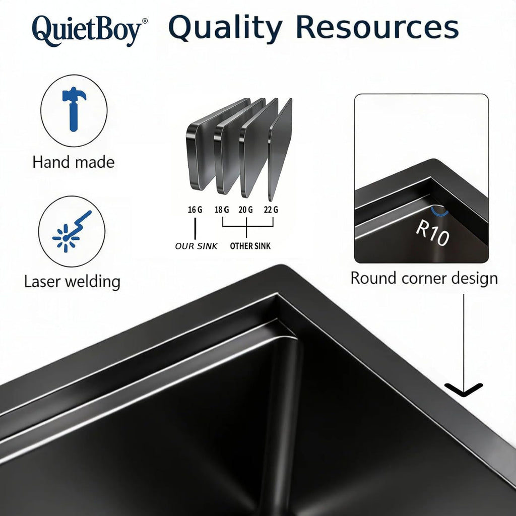 Black Stainless Steel Kitchen Sink: 32in Single Bowl Undermount Workstation | 8.625" Deep Single Bowl 304 Stainless