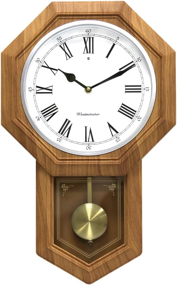 Plastic Pendulum Clock Wood Grain Color.Sturdy Frame.Westminster Chime Every Hour,Elegant,Traditional Schoolhouse,Home,Office,Living...