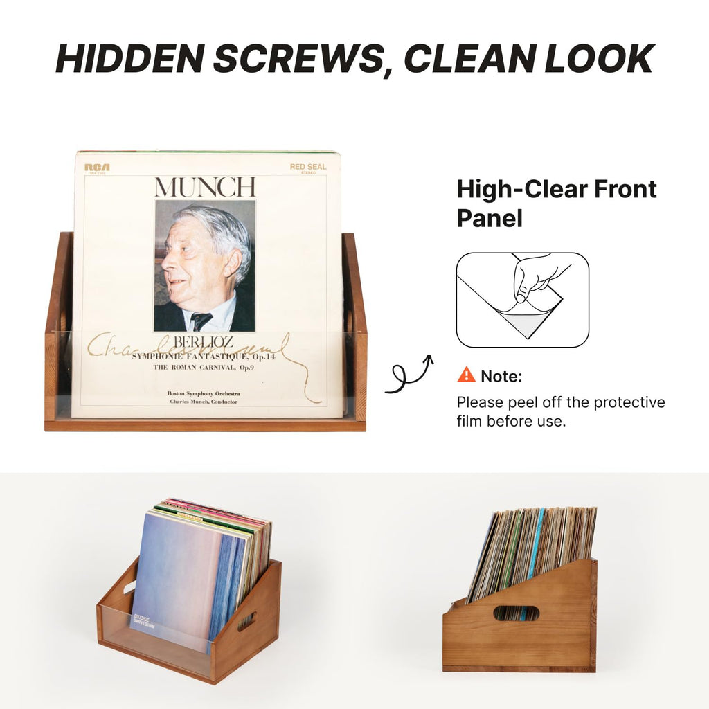 Vinyl Record Storage Crate, Solid Wood Rustic Record Box Holds 60 LP Albums
