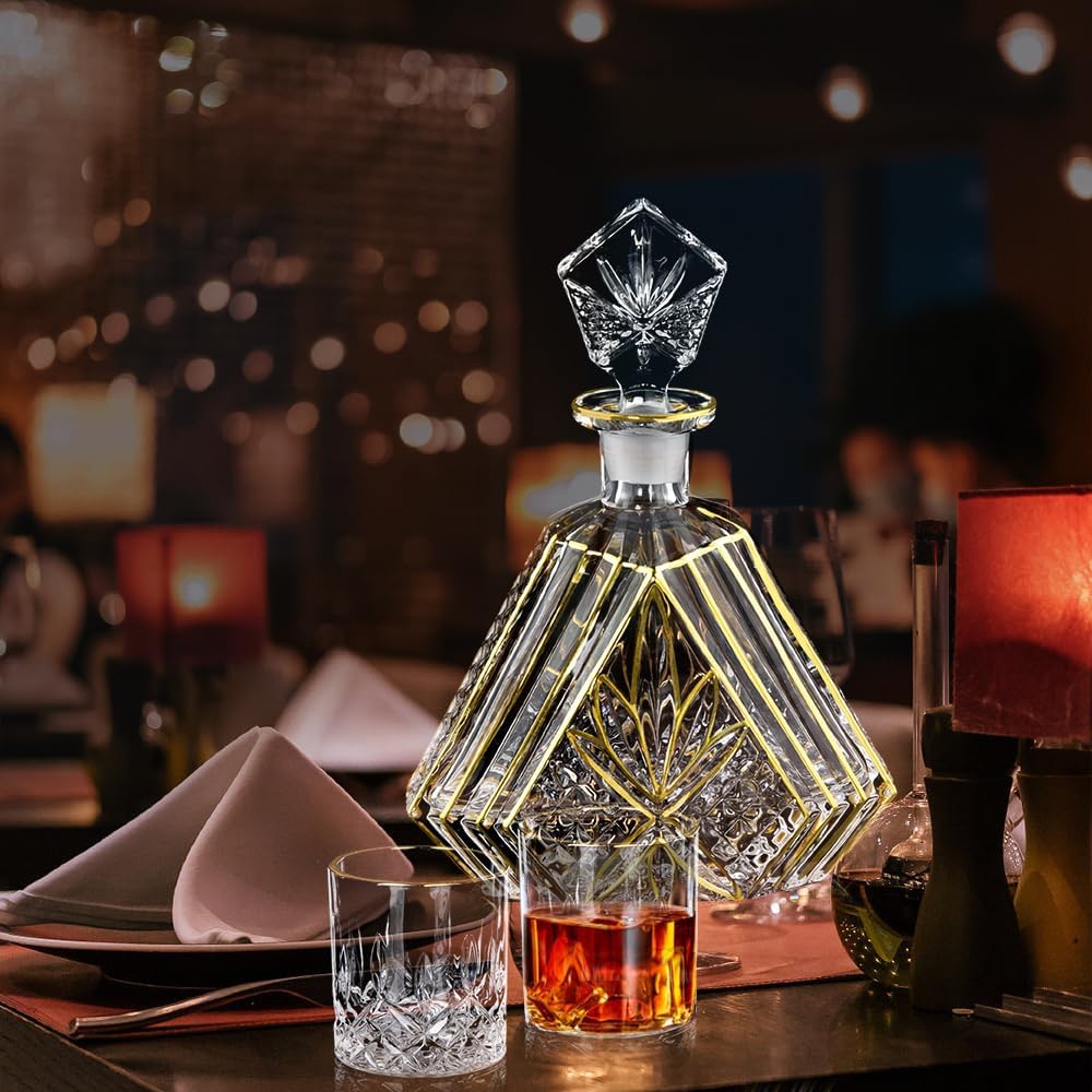 Hand-painted Gold Decanter Set for Men - Whiskey Decanter, Wine Aerator, and 2 Glasses, Liquor Bottles, Bourbon