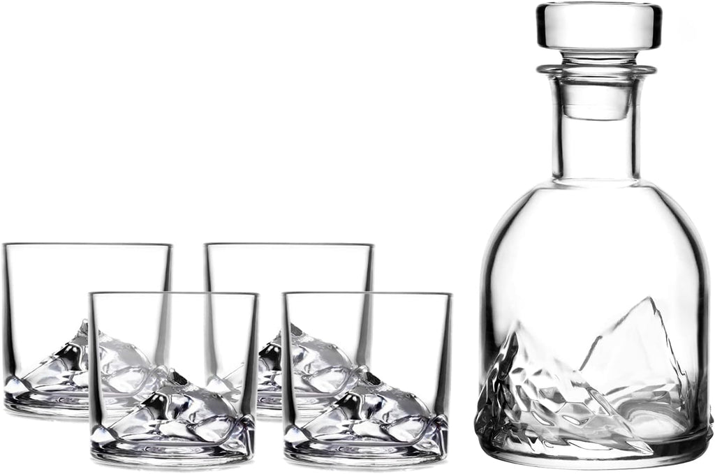 Mount Everest Whiskey Decanter Set with 4 Heavy Glasses - Mens Gift - Set of 5