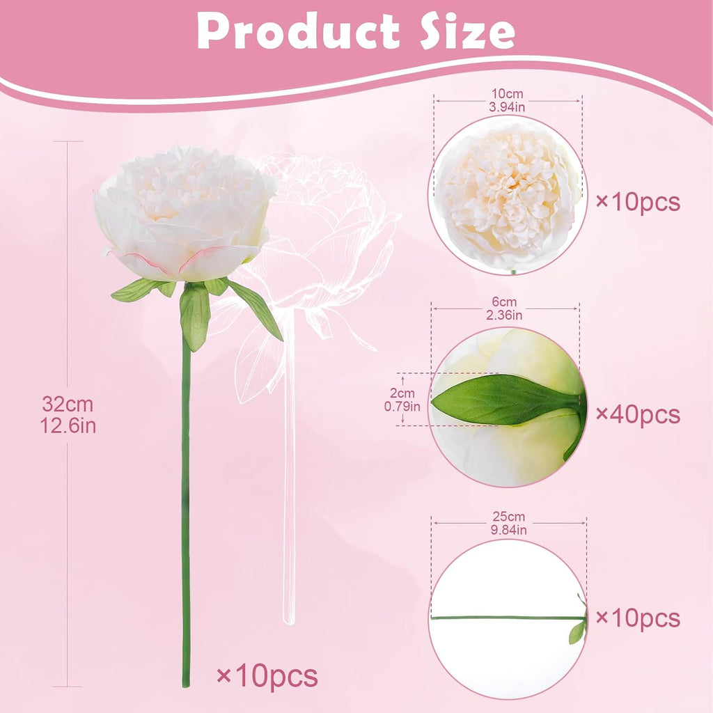 Off White Realistic Silk Peonies Bouquet, Waterproof & UV Resistant Faux Peony Flowers, All-Weather Artificial - Set of 10