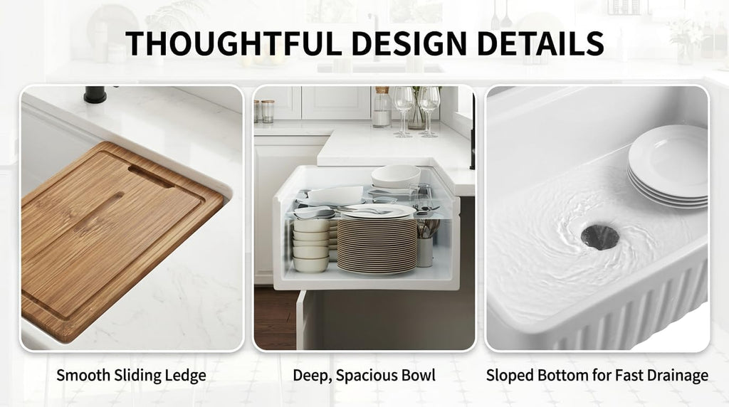 33-inch White Single Bowl Farmhouse Kitchen Sink Countertop with Vertical Double Bowl - Includes Drain and Drain Rack