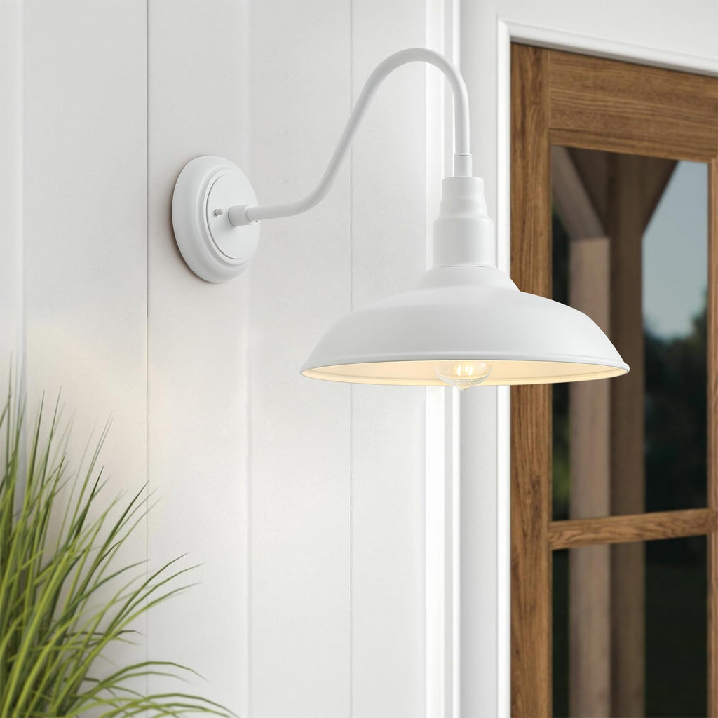 10 Inch Dome Outdoor Gooseneck Barn Lights for Porch, Farmhouse Exterior Light Fixture with Wall Mount, Matte White