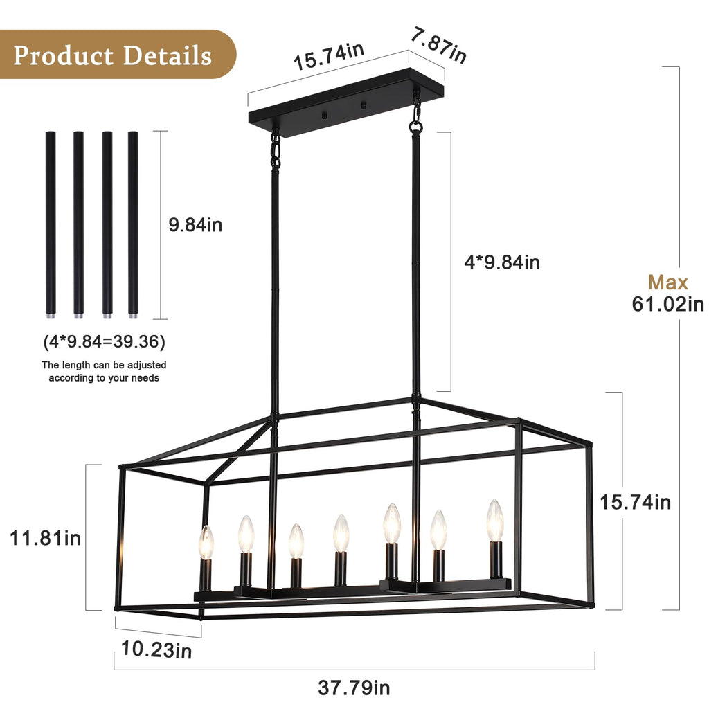 38'' Black Dining Room Light Fixture, 7-Light Rectangle Chandelier, Modern Farmhouse Island Lights, Large
