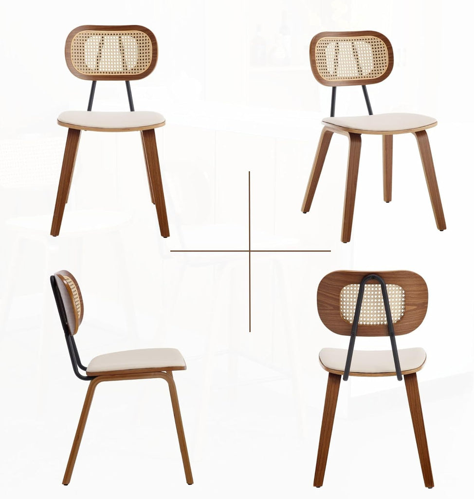 Modern Dining Chairs Set of 4, Upholstered Faux Leather Dining Room Chairs with Rattan Backrest and Wood Legs