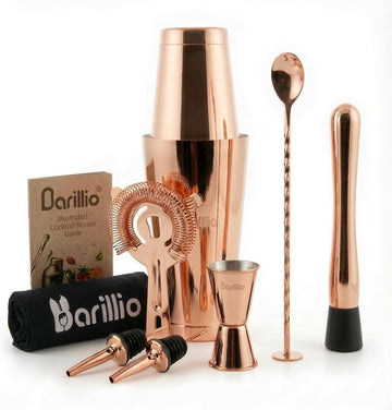 Rose Gold Boston Shaker Set - Stainless-Steel, Weighted Martini Cocktail Shaker Set w/Strainer & Mixer - Mixology - Set of 9