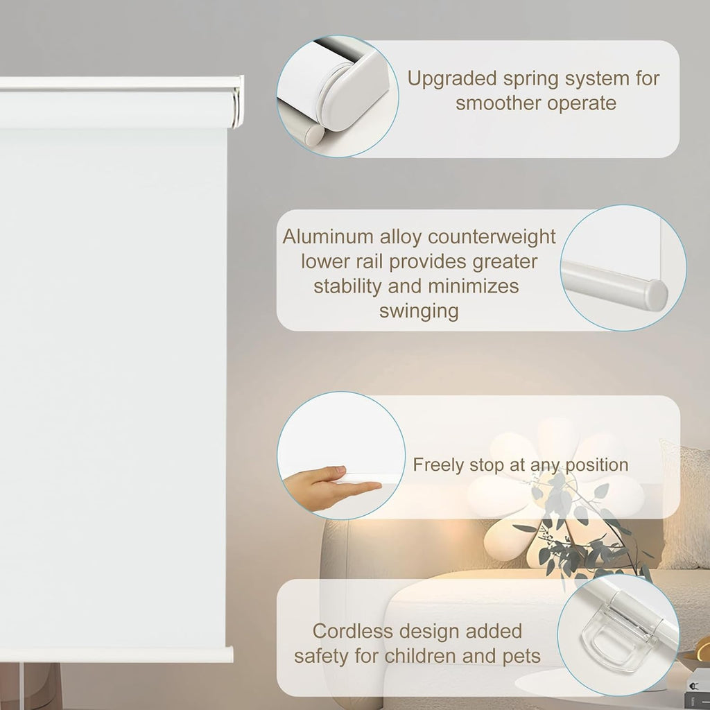 Blackout Roller Shades Cordless for Windows, 100% Room Darkening Window Blinds, Thermal Insulated UV Protection, Easy