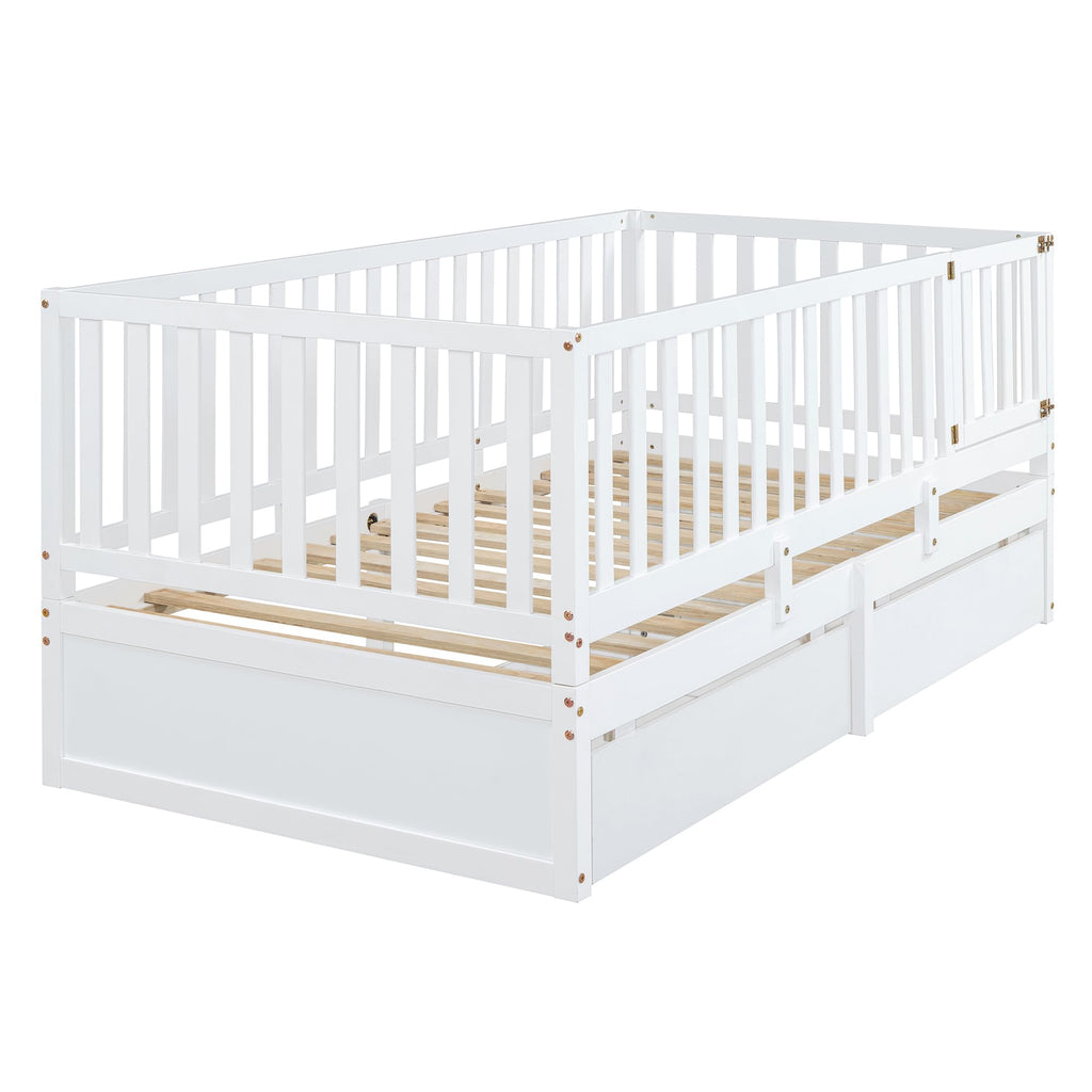 Solid Wood Twin Size Daybed with Storage Drawers and Safety Guardrail, White