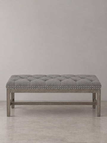 Province Gray Linen Tufted Upholstered Bench - White Distressed Wood Legs with Nailhead Traditional Coastal
