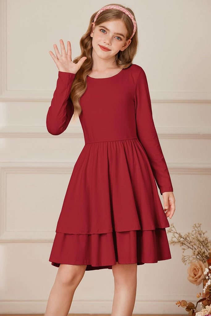 Girls Fall Dress Long Sleeve Tie Back Pockets School Party