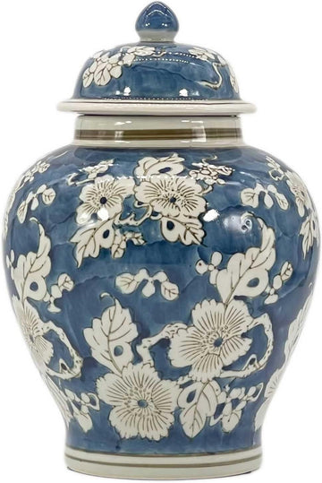 Blue and White Flower Chinoiserie Ginger Jar 12" w/Lid Ginger Jar, Tea Storage Decorative Home Decor Jar