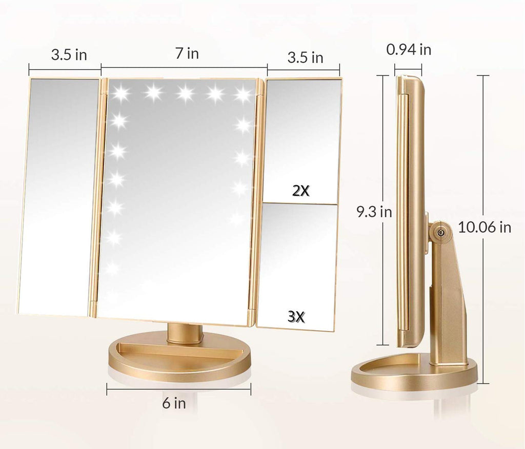 Trifold Makeup Mirror Vanity Mirror with Lights,1X 2X 3X Magnification,Touch Control,Adjustable Rotation,Dual Power