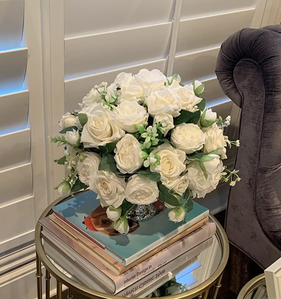 Bundles Artificial Peonies Silk Flowers, White Faux Peony Bouquet Florals Arrangements Decor for Farmhouse Home - Set of 4