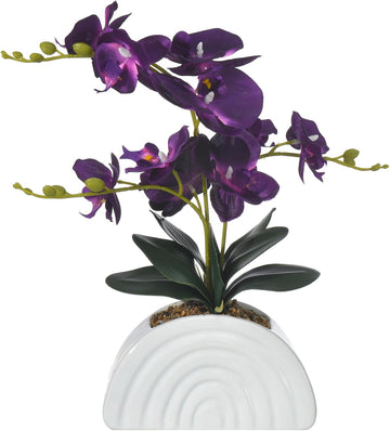 Dark Purple Silk Orchid Plant in White Rainbow Pot for Table Décor