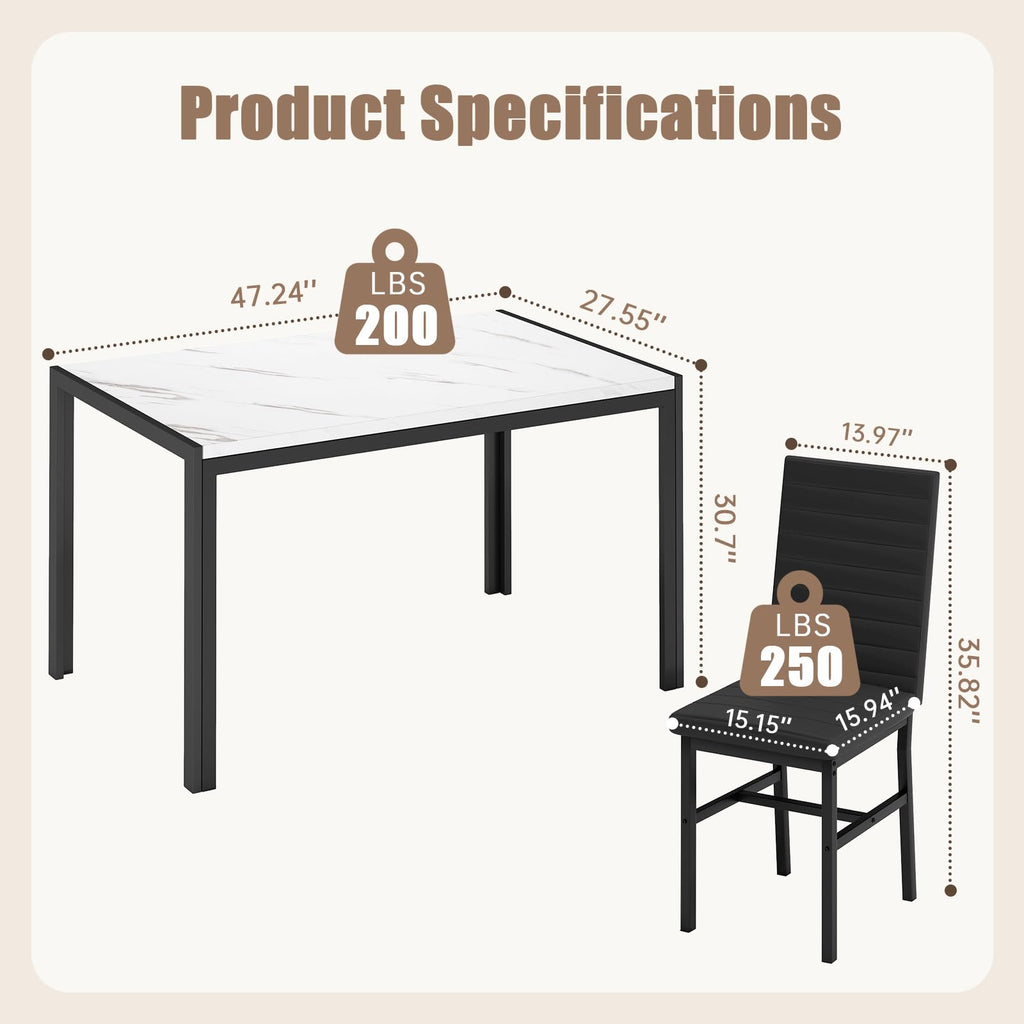 Dining Table Set for 4, Modern 5 Piece Dining Table Set Faux Marble Kitchen Table & 4 Upholstered Chairs, Dining Room