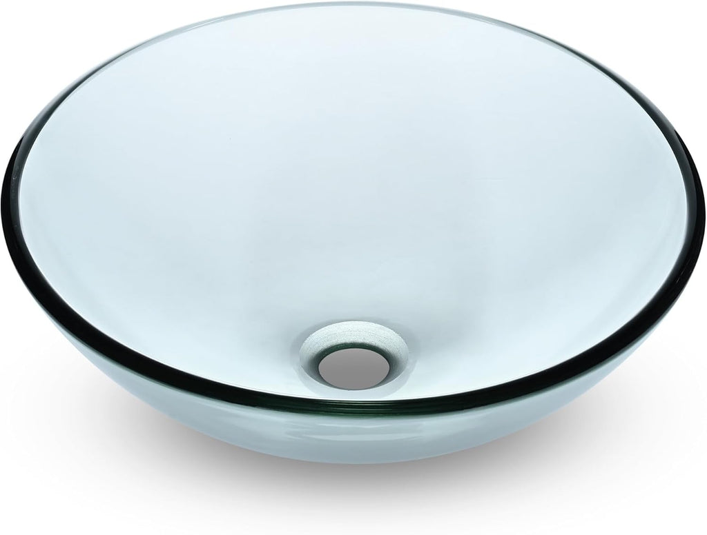 Aquaterior Tempered Glass Bathroom Vessel Sink 16" Round Countertop Vanity Basin Bowl Transparent Minimalist Modern