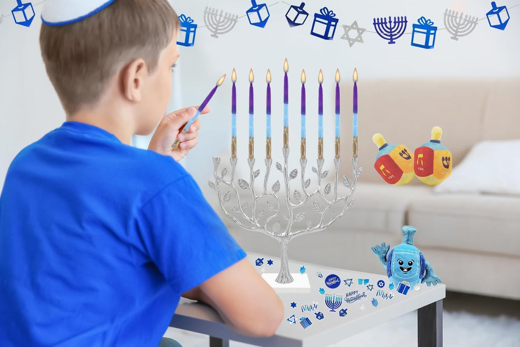 Dripless Hanukkah Candles 45 Hanukkah Candles Decorative Purple, with Blue & Gold Frosted Stripes 1-Hour Burn Time - Set of 45