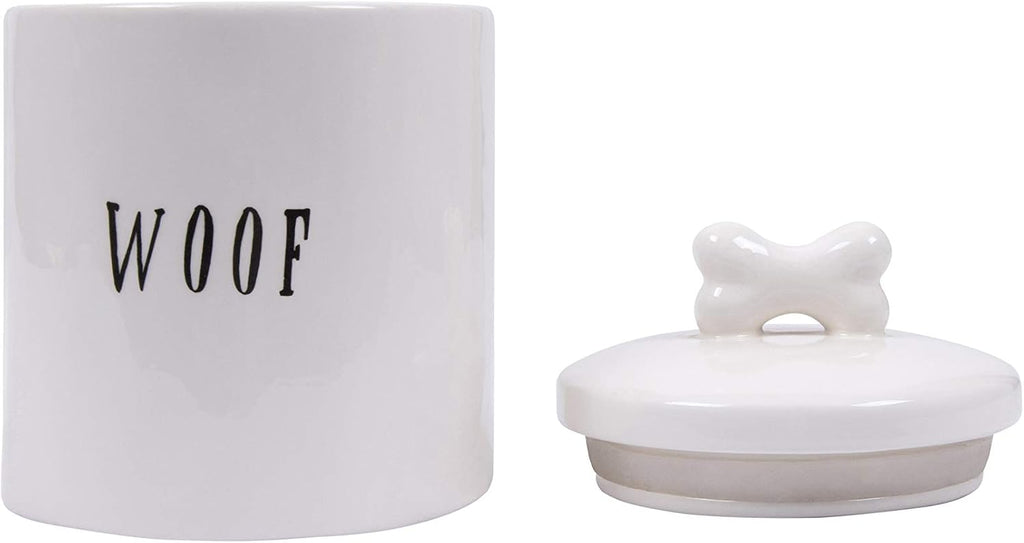 Ceramic Dog Treat Jar with Woof Message and Bone Handle Lid, White and Black