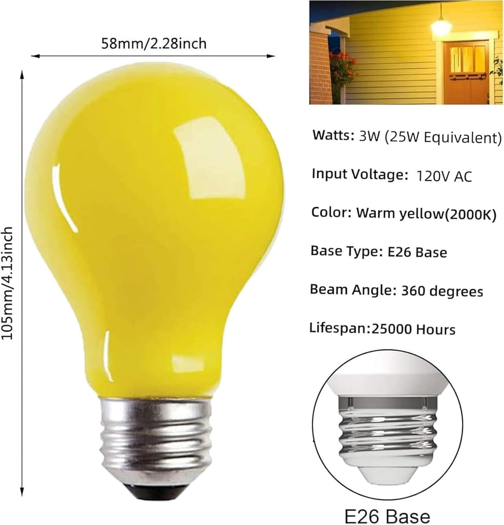 8 Pack 3W A60 Yellow Light Bulb LED Bug Light Bulbs for Outdoor 25W Equivalent 120V E26 Edison Bulb Amber 2000K