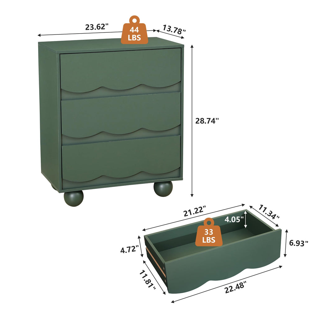 3 Drawer Dresser, 23.6" Green Mid Century Modern Wave Front Chest of Drawers with Anti-Tip Device, Handleless Wooden