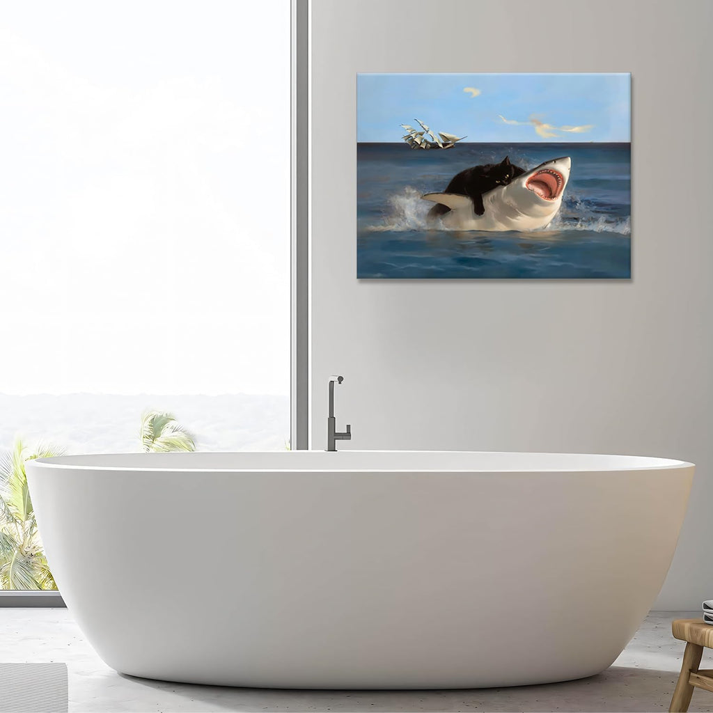 Framed Black Cat Bathroom Wall Art, Funny Quirky Cat and Shark Pictures Canvas Print, Abstract Black Cat Shark
