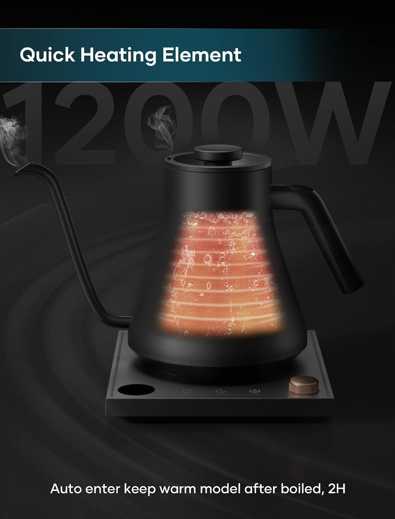 Gooseneck Electric Kettle, Temperature Control | Stainless Steel Inner, 1200W Quick Heating, for Pour Over Coffee