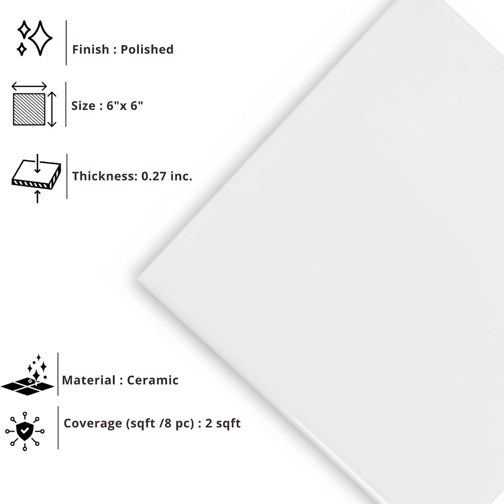 6x6 Glossy White Ceramic Wall Tile - Box of 8, Ideal Walls, Kitchen Backsplashes, Showers, and Laundry Rooms, Easy to
