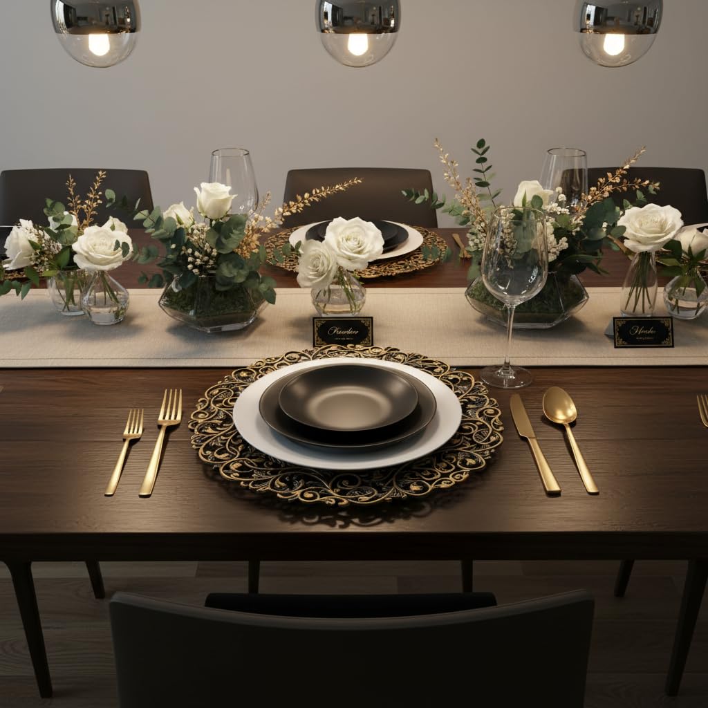 13inch Round Plastic Charger Plates, Set of 8, Charger Plates for Dinner, Wedding, Party, Event Decoration. (Black gold