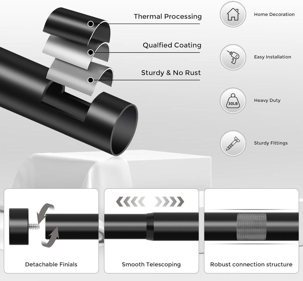 Curtain Rods for Windows 48 to 84 Inch(4-7 Feet),Black 1'' Diameter Drapery Rods with End Cap Style Design,Modern