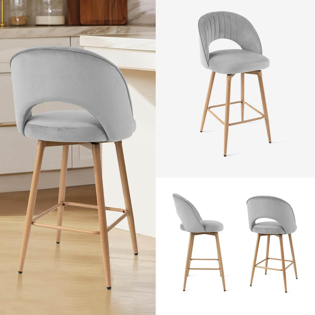 Swivel Bar Stools Set of 3, Counter Height Barstools Island, 26" Seat Height Bar Chairs, Velvet Upholstered Bar Stool