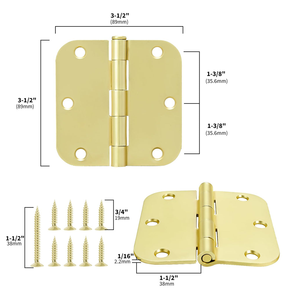 18 Pack 3.5" Polished Brass Door Hinges 5/8" Radius Corners