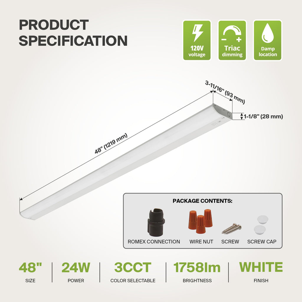 LED Under Cabinet Lighting, 48 inch 24W 1758 LM Dimmable Hardwired Under Cabinet Lights, 3000K Soft/4000K Cool/5000K