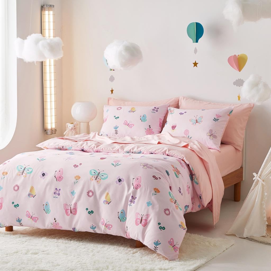 Butterfly Bedding Set for Girls, Cute Colorful Butterfly Flowers Floral Comforter Set with Sheets, 5 Pieces Kids Bed
